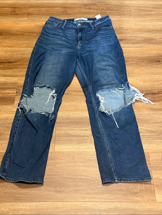 Hollister Pants - Hollister Women's Dark Blue Distressed High Waisted Relaxed Jeans